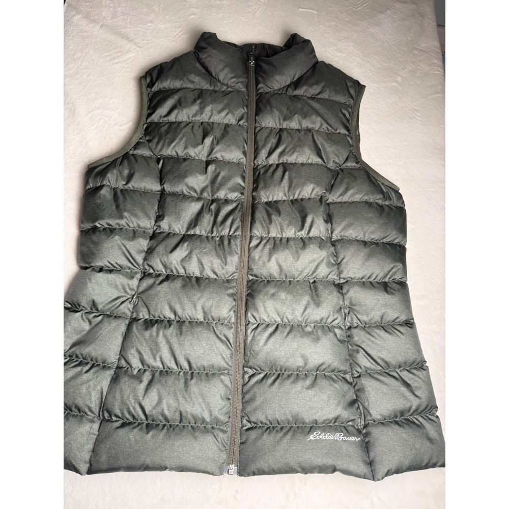 Eddie Bauer EB650 Down Puffer Vest Womens Large Olive Gray Full Zip Jacket